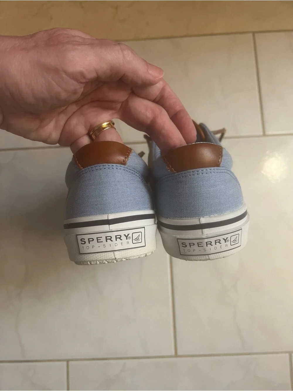 Sperry Top-Sider Striper Men’s Light Blue Canvas Boat Shoes with Brown Trim